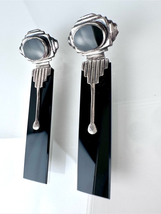 Jewelry - Vintage 925 Sterling Silver Black Onyx Art Deco Architectural Earrings